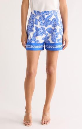 Sugarlips Rency Floral Print High Waist Shorts in White-Blue at Nordstrom, Size X-Large