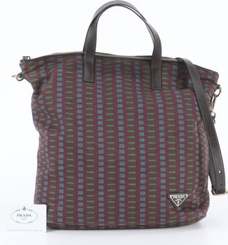 Prada Blue Brown Purple Leather Canvas Shoulder Bag Tote Bag (Pre-Owned)