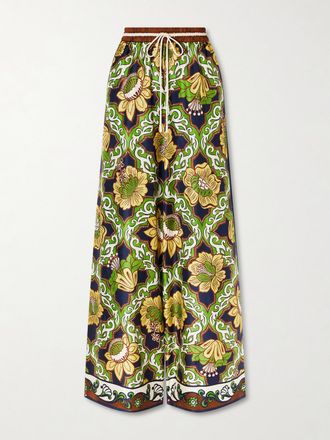 Alemais Pantaloni A Gamba Larga In Twill Di Seta Con Stampa Liana - Verde