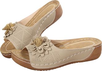 Generic Comfortable Non-Slip Solid Color Open-Toe Wedge Sandals for Women -Summer Dressy Casual Orthopedic Sandals with Arch Support (Beige, Adult, Women, 6.5