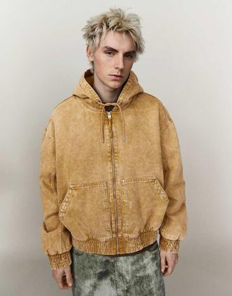 Bershka Giacca imbottita color cammello con cappuccio e zip-Neutro