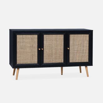 Sweeek Sweeek - Aparador De Ca&ntilde;a Con 3 Puertas, 120cm, Boheme, Negro, 120x39x70 Cm