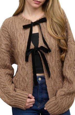 Blu Pepper Velvet Bow Cable Stitch Cardigan in Mocha at Nordstrom Rack, Size Medium