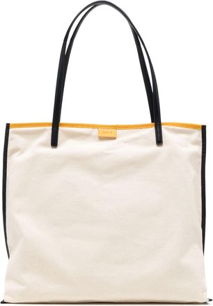 agnès b. logo-lettering canvas tote bag - women - Cotton/Leather/Cotton - One Size - Neutrals