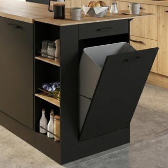 IDMarket Tibo Aparador De Cocina Compacto De 90 Cm Con Papelera, Estante Abatible, 1 Caj&oacute;n Y 3 Estantes Laterales En Madera Y Negro