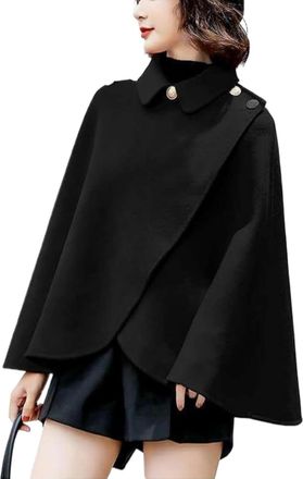 Generic Womens Fall and Winter Wool Blend Fashion Casual Solid Color Warm Cape Jacket Classic Elegant Business Office Loose Lapel Chic Jacket (Black,One Size)