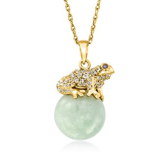Ross-Simons Jade and. White Topaz Frog Pendant Necklace With Black Sapphire Accents in 18kt Yellow Gold Over Sterling