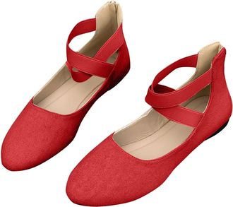 Generic Womens Ballet Shoes with Elastic Ankle Straps Casual Stylish Pumps Solid Color Comfortable Breathable Classic Flat Shoes Work Party Red