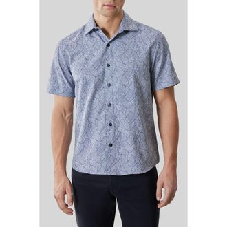 Robert Barakett Kazuki Leaf Print Short Sleeve Cotton Button-Up Shirt in Dark Caspian at Nordstrom, Size Xx-Large