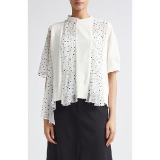 sacai Pleated Polka Dot Mixed Media Top in White at Nordstrom, Size 3