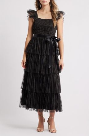 Tahari by ASL Pleated Tiered Metallic Dress in Black Gold at Nordstrom, Size 14