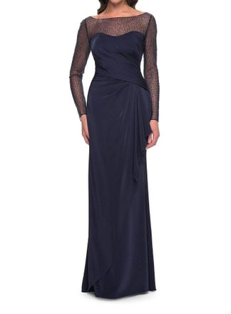 La Femme Bateau Neck Drape Satin Dress In Navy
