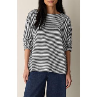 Eileen Fisher Striped Organic Cotton Bateau Neck Boxy Top in Black White at Nordstrom, Size Xx-Small