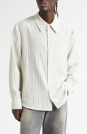 S&eacute;fr Wes Check Cotton Seersucker Button-Up Shirt in Subtle Beige Check at Nordstrom, Size X-Large