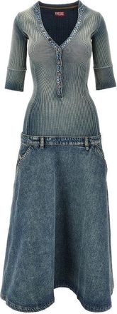 Diesel Denim and ribbed knit low-rise midi dress Woman M