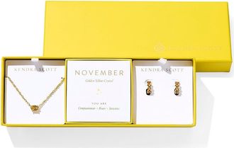 Kendra Scott Cailin Birthstone Gift Set Womens Necklace Gold Golden Yellow Crystal, Brass/Gold Tone