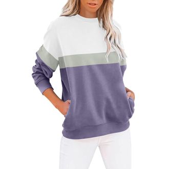 Generic Sweatshirt Women UK Round Neck Pullover Patchwork Thickened Warm Long Sleeve Loose Lightweight Comfortable Casual Sweatshirt Purple