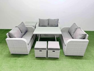 Fimous 8-seater Patio Rectangular Table Love Sofa Set with Side Table in Light Grey