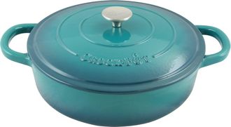 Crock-pot Artisan Enameled Cast Iron 5 Quart Round Braiser Pan with Self Basting Lid in Teal Ombre