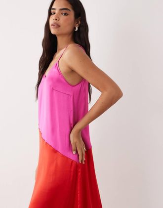Vila Vestito lungo con spalline sottili in raso rosa e rosso a contrasto-Multi