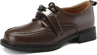 Generic Eestfy Womens Chunky Oxford Loafers PU Leather Round Toe Shallow Top Lace-Up Shoes Metal Buckle Detail British Style Comfort Flats for Office & Daily 