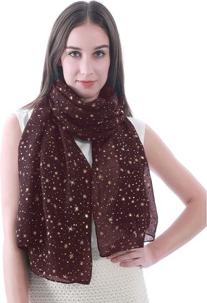 Lina & Lily Sparkle Foil Star Print Womens Scarf Shawl Wrap, Shimmer Silver Gold Glitter Lightweight Gift Party (Brown-Gold Stars)