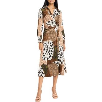 Donna Morgan Print Long Sleeve Shirtdress in Cinnamon/Deep Olive at Nordstrom Rack, Size 10