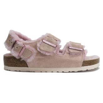 Birkenstock Milano Shearling Suede Leather Unisex Hook and Loop Sandals - Light Rose - Size:UK 7.5