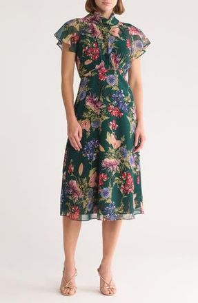 Vince Camuto Floral Short Sleeve Chiffon Midi Dress in Hunter at Nordstrom Rack, Size 14
