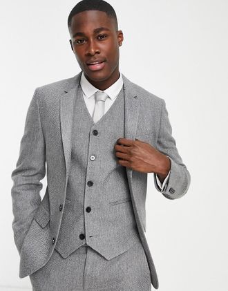 Asos Giacca da abito super skinny in misto lana a spina di pesce antracite-Grigio