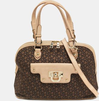 DKNY Dkny Brown/blush Pink Jacquard Canvas And Leather Dome Satchel