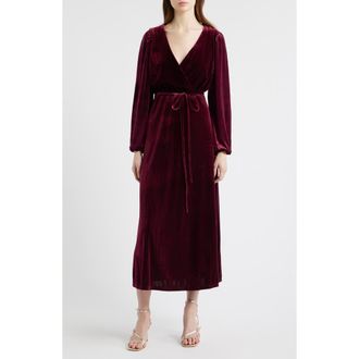 Halogen Wrap Front Long Sleeve Velvet Maxi Dress in Merlot at Nordstrom Rack, Size Xx-Small