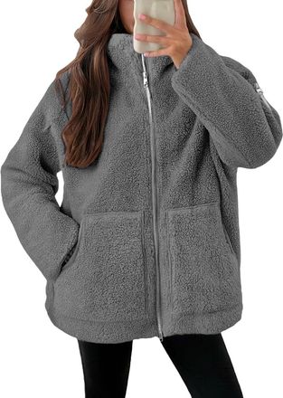 Generic Teddy Fleece Jacket Women Ladies Lightweight Warm Full Zip Coat Breathable Ladies Coats Long Sleeve Sherpa Jacket Sweatshirts Wool Coat Outdoor Sport 
