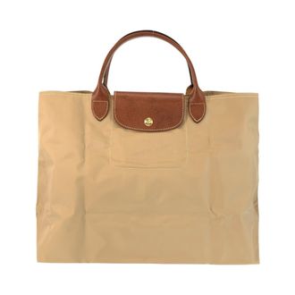 Longchamp Beige Brown Nylon Leather Handbag Tote Bag (Pre-Owned)
