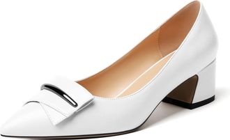 EDEFS Women Pointed Toe Block Heel Pumps Slip on Low Heels Pointed Toe Court Shoes Classic Buckle Design 2 Block Heeled Shoes Matte White UK2