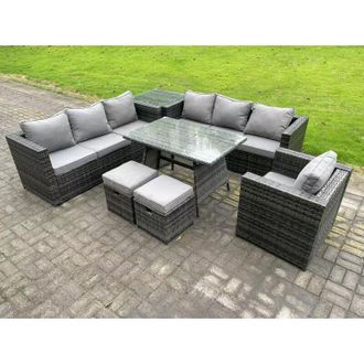 Fimous Fimous 9 Seater Rattan Outdoor Furniture Sofa Garden Dining Set with Dining Table Armchair Side Table 2 Small Footstools Dark Grey Mixed