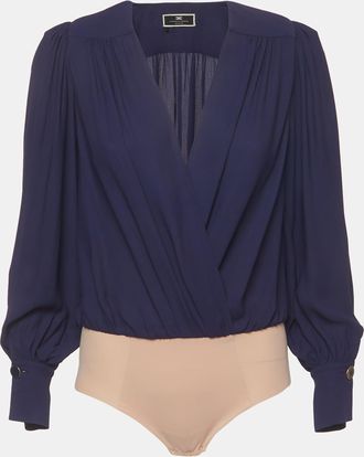 Elisabetta Franchi Navy Blue Crepe Draped Bodysuit Top