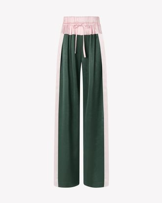 Serena Bute Satin Wide Waistband Jogger - Dark Green and Pale Pink