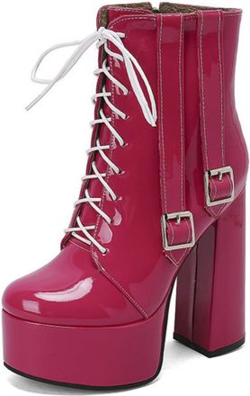 Generic Womens Lace Up Platform Ankle Boots Platform Chunky Heel Trendy Booties with Side Buckles,Rose Red,6.5 UK