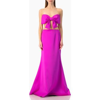 Ivonne Strapless Bow-Front Crop -Top Gown in Satin in Magenta at Nordstrom, Size 12
