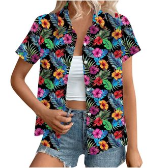 Generic Hawaiian Button Down Shirts Women Sale,Summer Floral Printed Short Sleeve Blouses 2025 Trendy Loose Lapel Soft Cool Beach Vacation Tops Boho Going Out