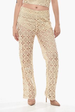 Off-white Pantaloni Palazzo in Misto Cotone Crochet con Zip Laterale Off-White