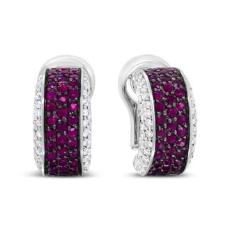 House of Brilliance 18K White Gold and Black Rhodium Plated 3/4 Cttw Round Diamonds and 1mm Round Red Ruby Huggie Hoop Earrings (F-G Color, VS1-VS2 Clarity)