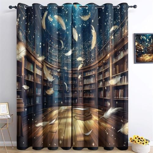 Rideaux Occultants Isolation Thermique Motif Livres Bibliothèque - 2 Panneaux 140x260cm, œillets, Polyester, Salon Chambre