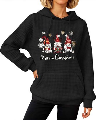 Generic Womens Christmas Hoodie UK Ladies Waffle Hooded Pullover Gnome Sweatshirt Xmas Drawstring Hoodies Snowflakes Tunic Tops Novelty Jumpers Activewear Par