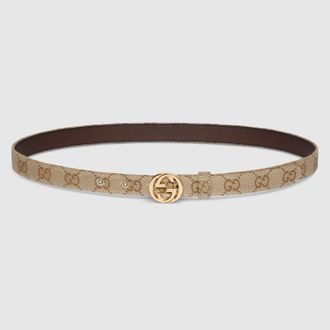 Gucci Thin Belt With Interlocking G Buckle, Beige, GG Canvas