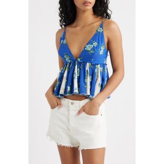 Free People Tillie Floral Plunge Neck Babydoll Top in Blue Combo at Nordstrom, Size X-Small