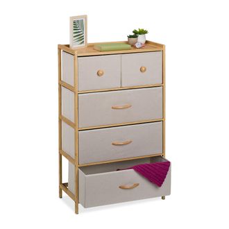 Relaxdays C&oacute;moda De Bamb&uacute;, 5 Cajones De Tela, Cajonera Pasillo, Aparador Dormitorio, 94x58x32,5 Cm, Natural Y Beige - Relaxdays