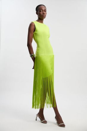 Karen Millen Womens Figure Form Bandage Tassel Hem Knitted Dress - Lime Green - Size 10 UK