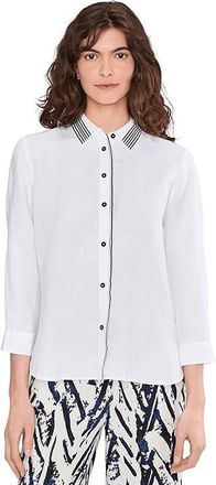 Nic+Zoe Stripe Trim Linen Shirt Womens Clothing Paper White : XS, Rayon/Linen